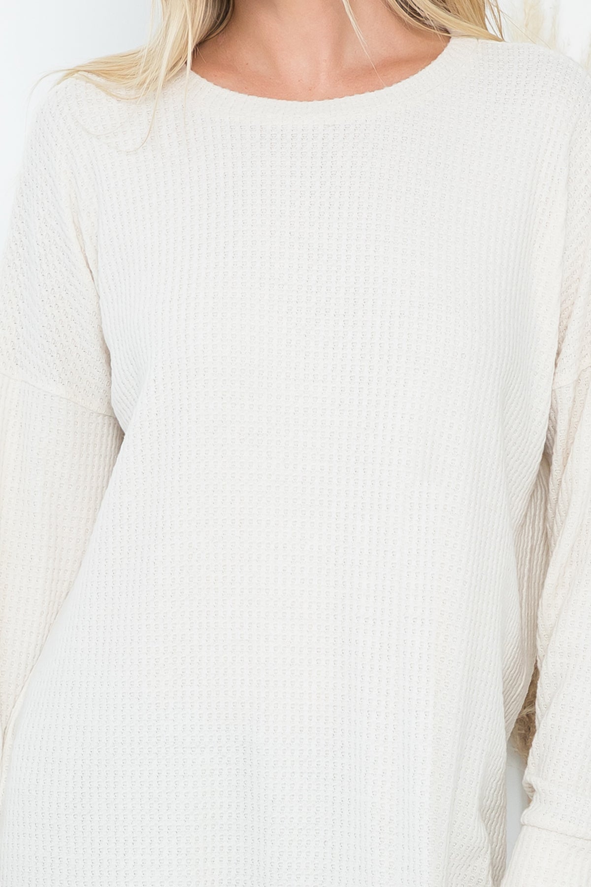 Plus Size Brushed Waffle Round Neck Side Slit Sweater