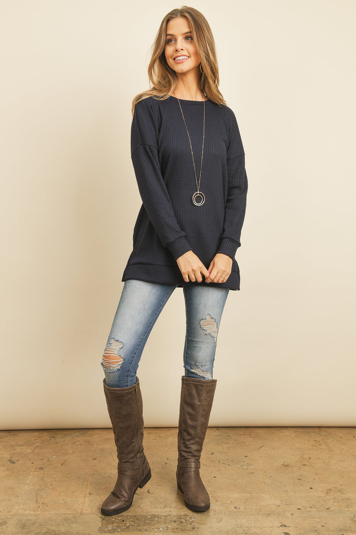 Plus Size Brushed Waffle Round Neck Side Slit Sweater