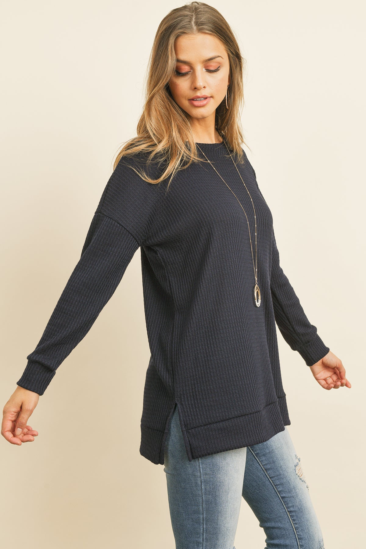 Plus Size Brushed Waffle Round Neck Side Slit Sweater