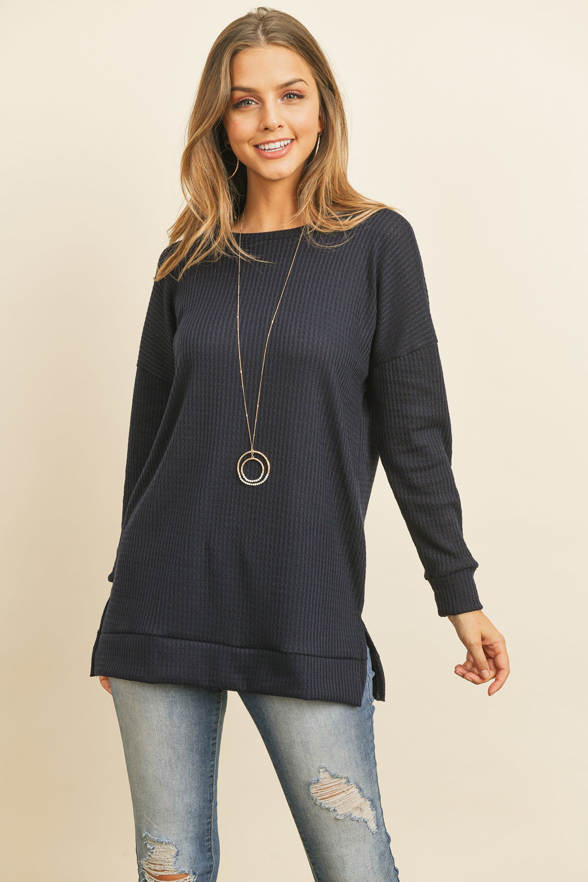 Brushed Waffle Round Neck Side Slit Sweater