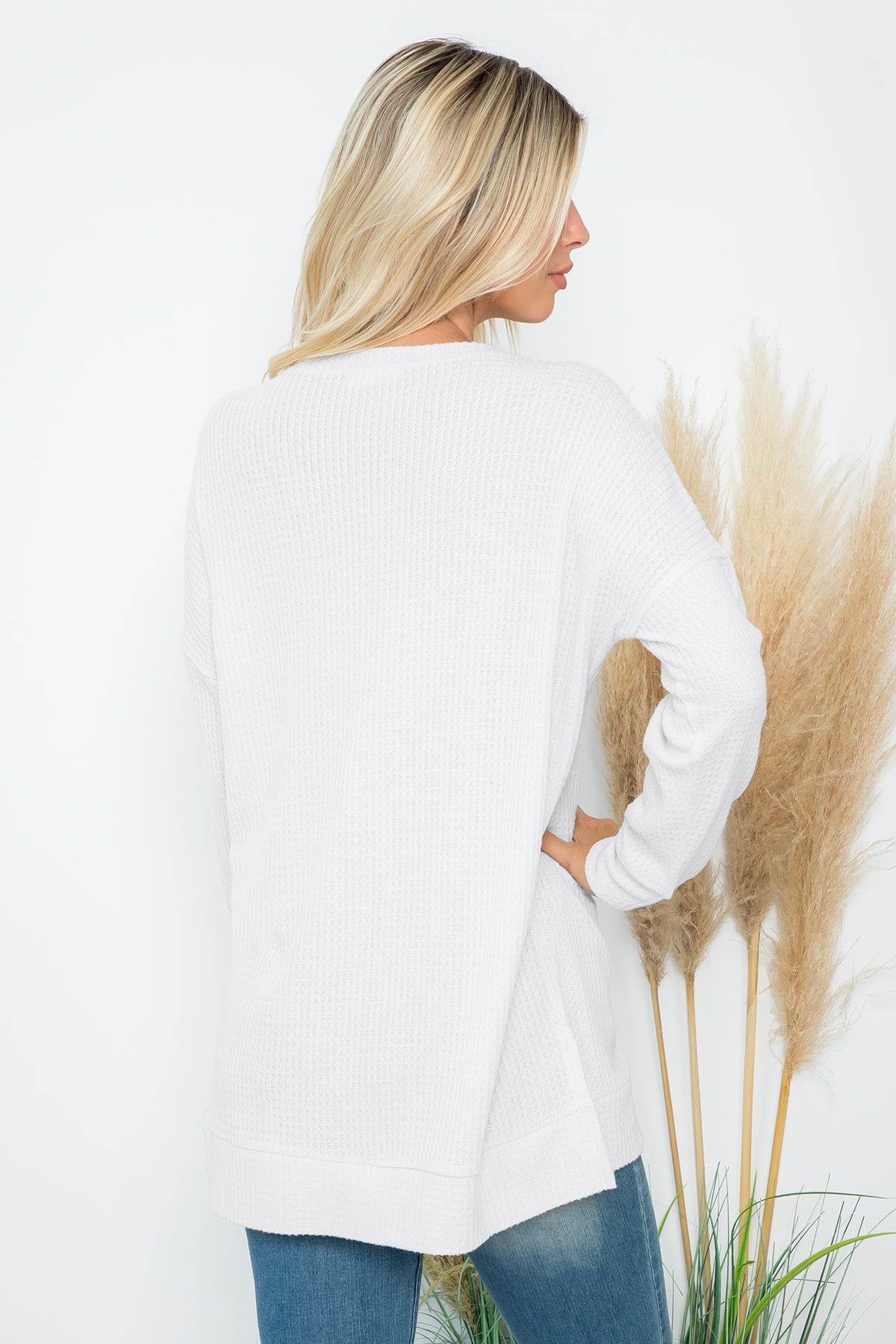 Brushed Waffle Round Neck Side Slit Sweater