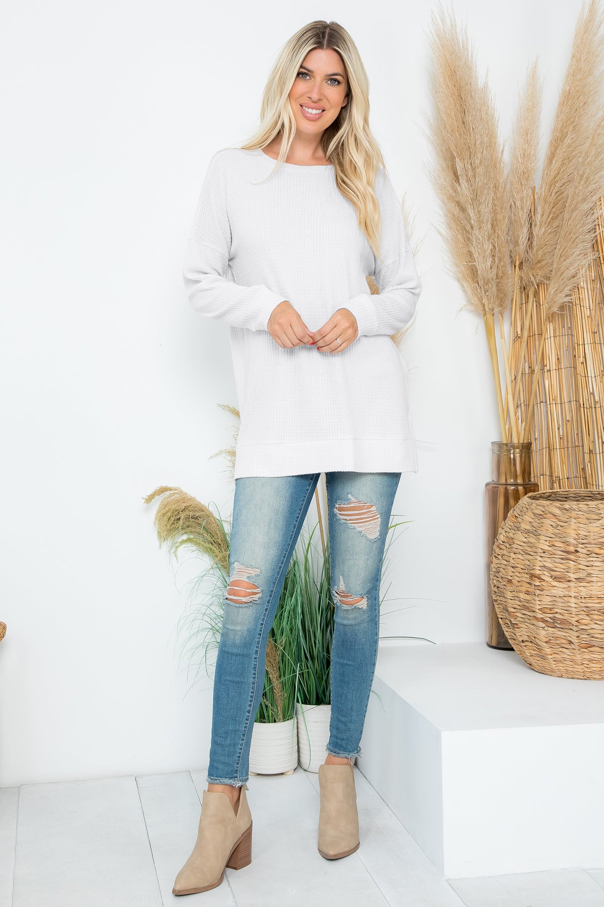 Plus Size Brushed Waffle Round Neck Side Slit Sweater