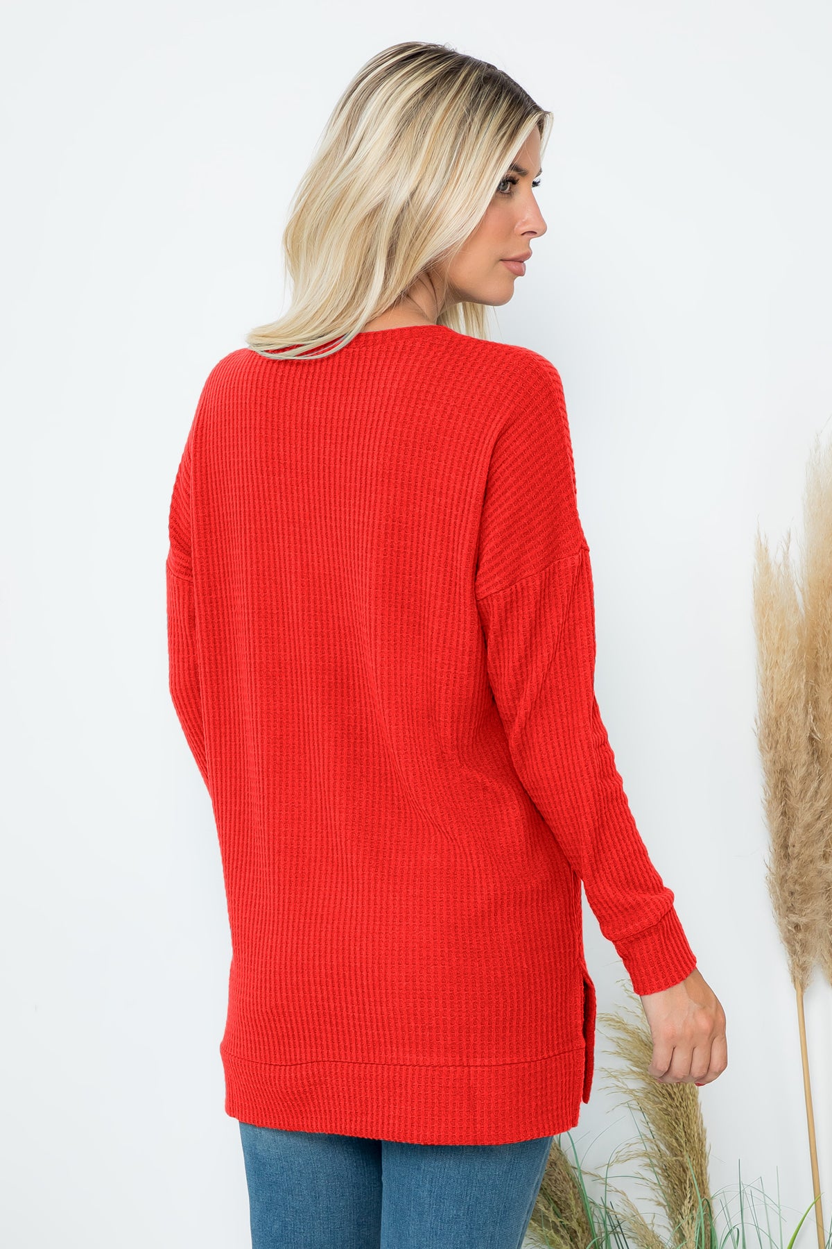 Plus Size Brushed Waffle Round Neck Side Slit Sweater