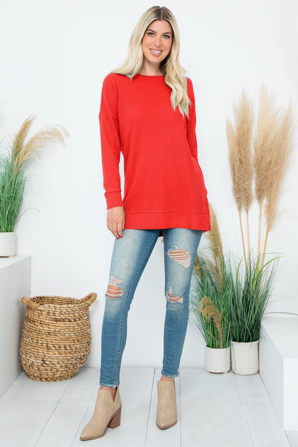 Brushed Waffle Round Neck Side Slit Sweater
