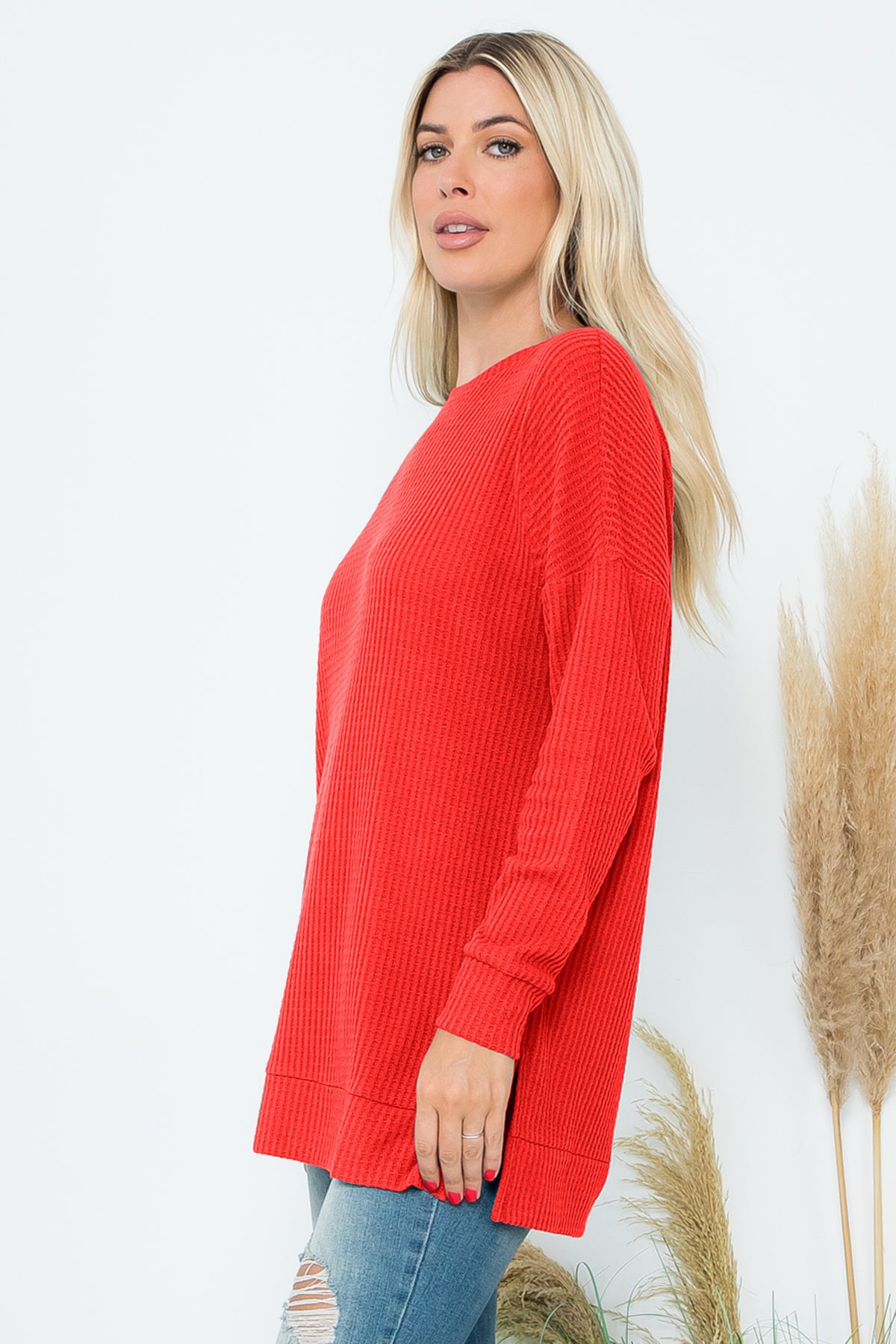 Plus Size Brushed Waffle Round Neck Side Slit Sweater