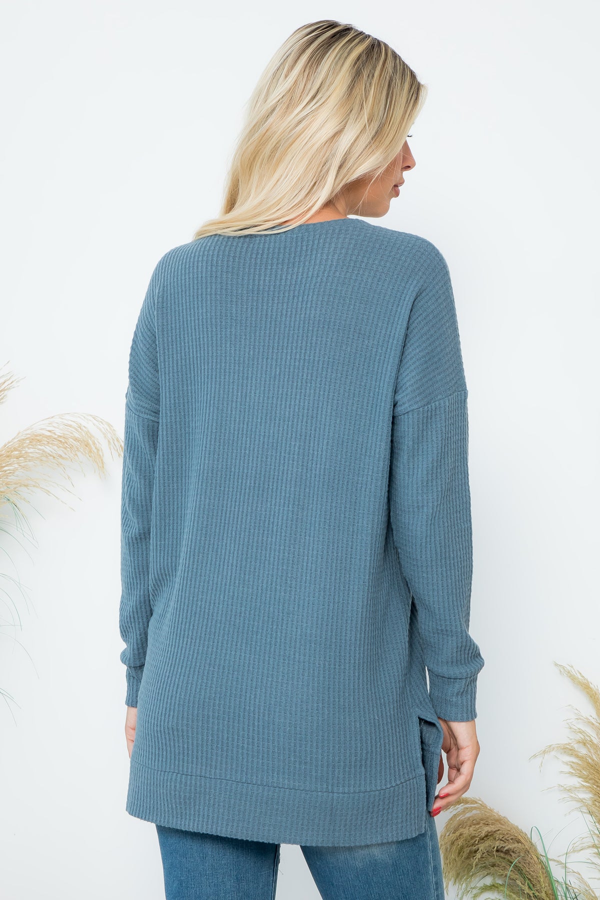 Brushed Waffle Round Neck Side Slit Sweater