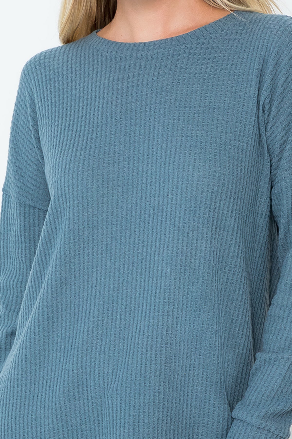 Plus Size Brushed Waffle Round Neck Side Slit Sweater