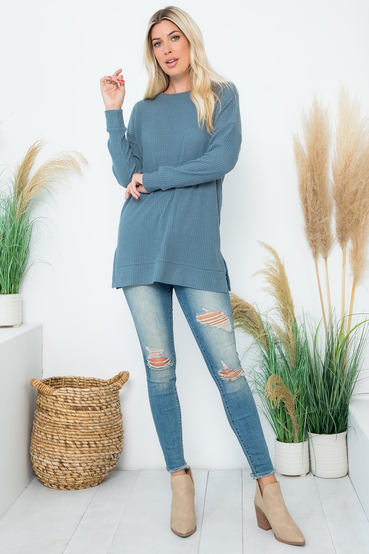 Brushed Waffle Round Neck Side Slit Sweater