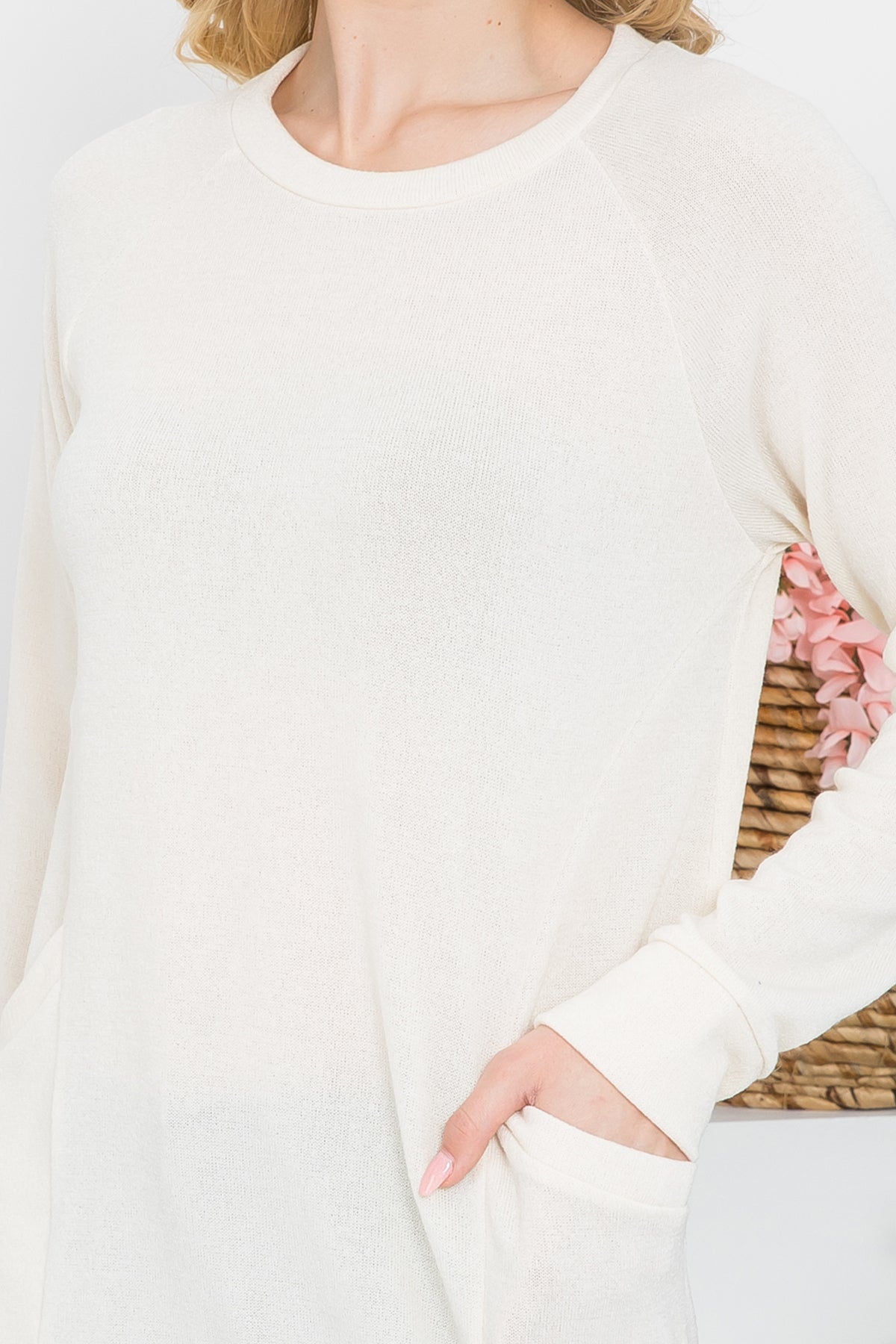 Knit Front Pocket Long Sleeve Top