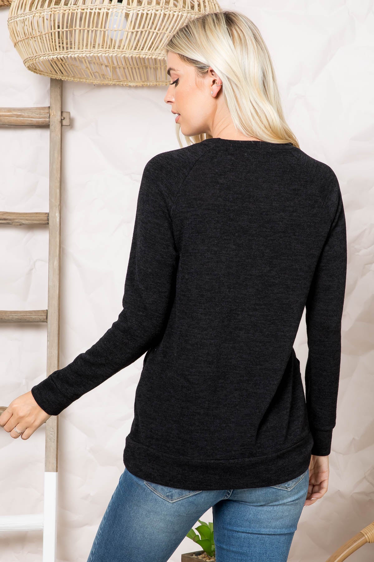 Knit Front Pocket Long Sleeve Top