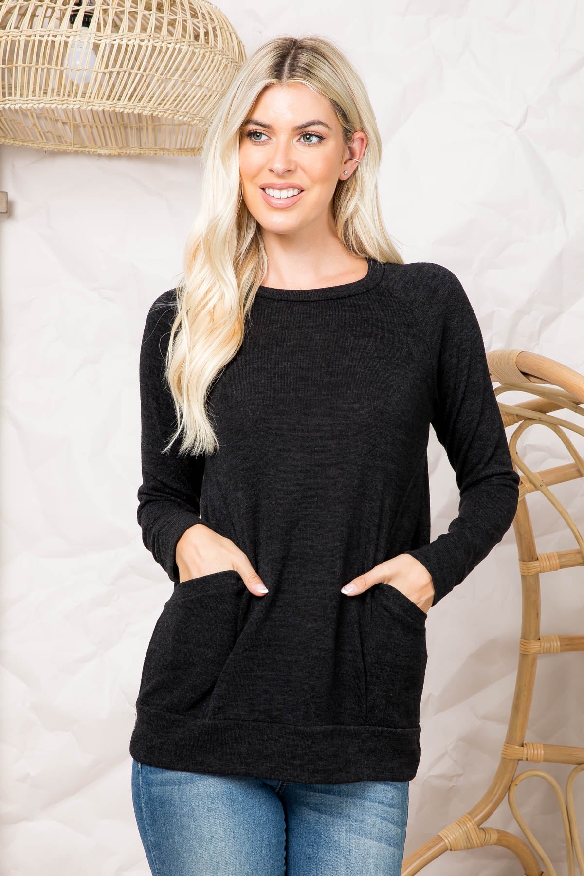 Plus Size Knit Front Pocket Long Sleeved Top