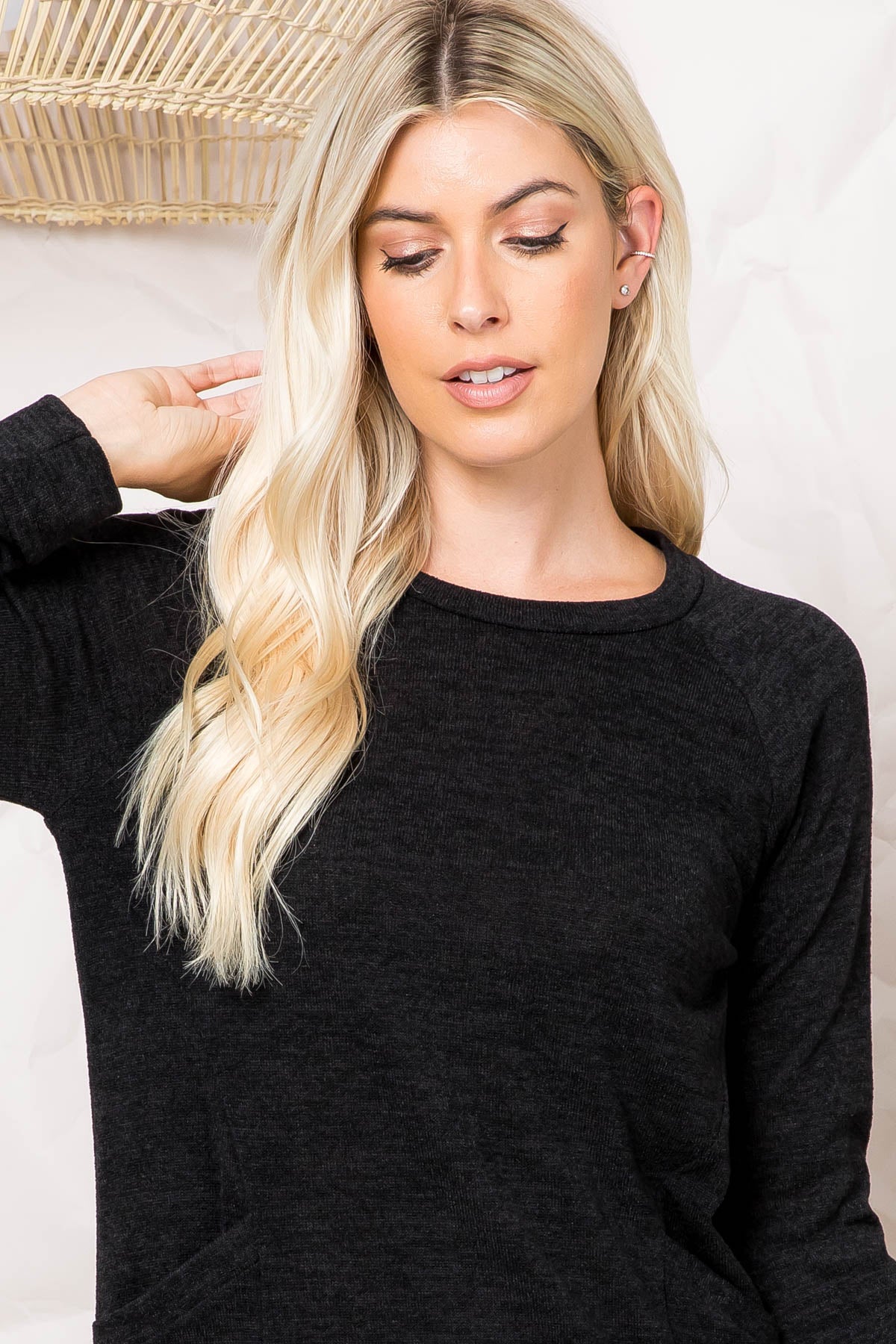 Plus Size Knit Front Pocket Long Sleeved Top