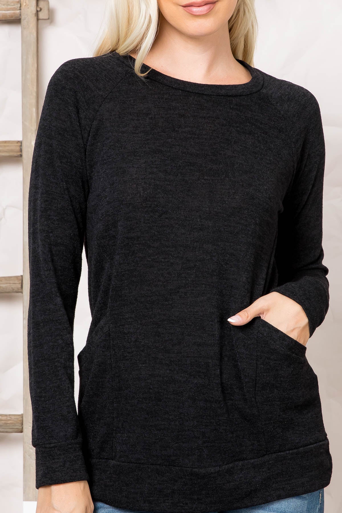 Plus Size Knit Front Pocket Long Sleeved Top