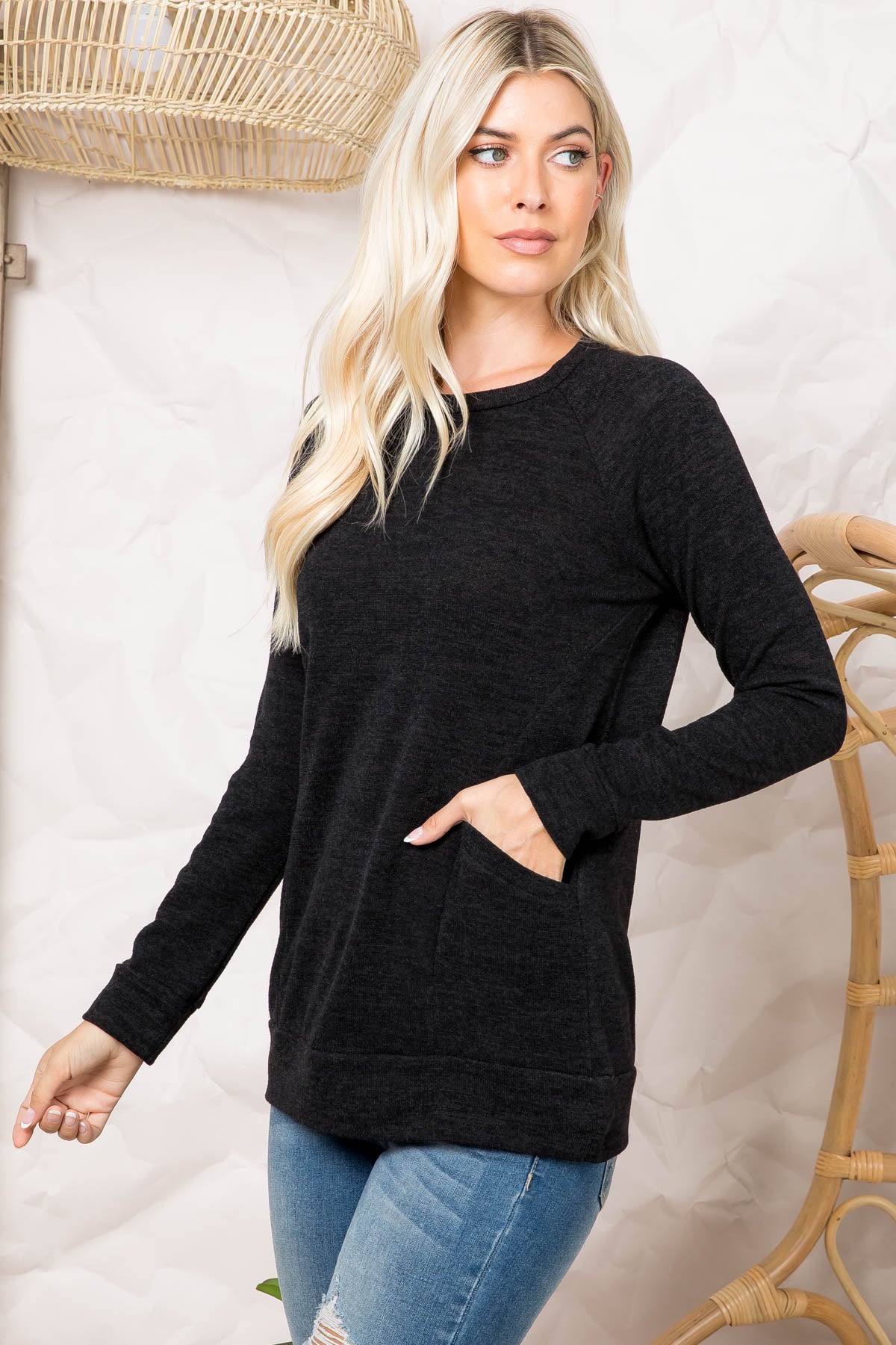 Plus Size Knit Front Pocket Long Sleeved Top