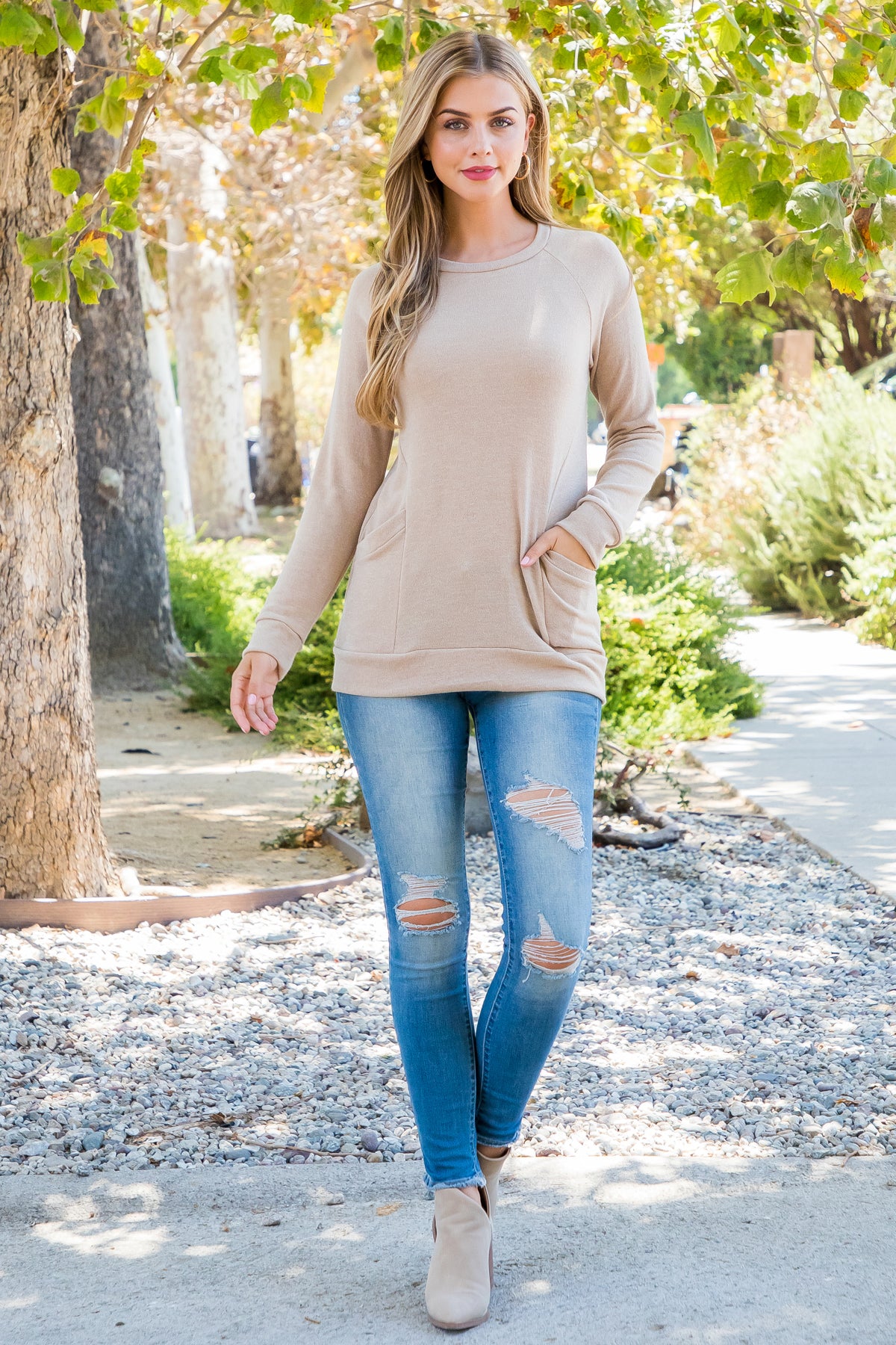 Plus Size Knit Front Pocket Long Sleeved Top