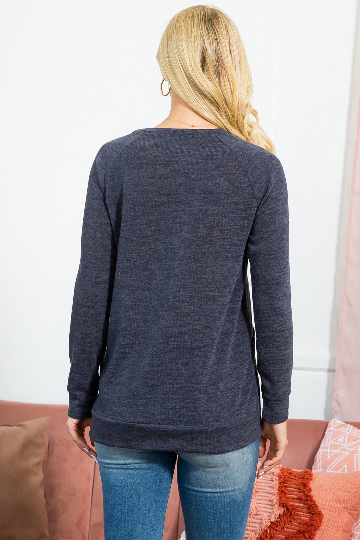 Plus Size Knit Front Pocket Long Sleeved Top