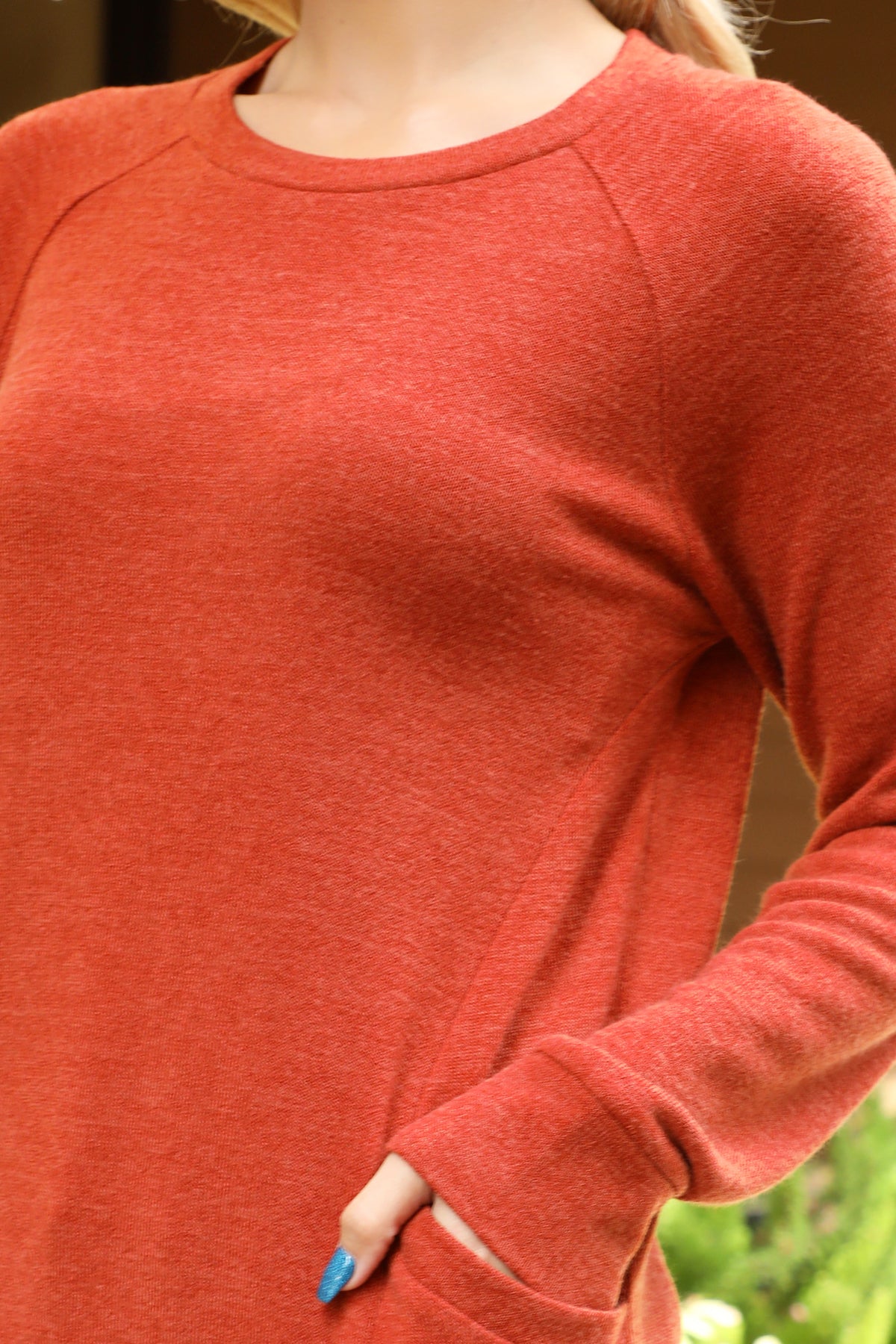 Plus Size Knit Front Pocket Long Sleeved Top