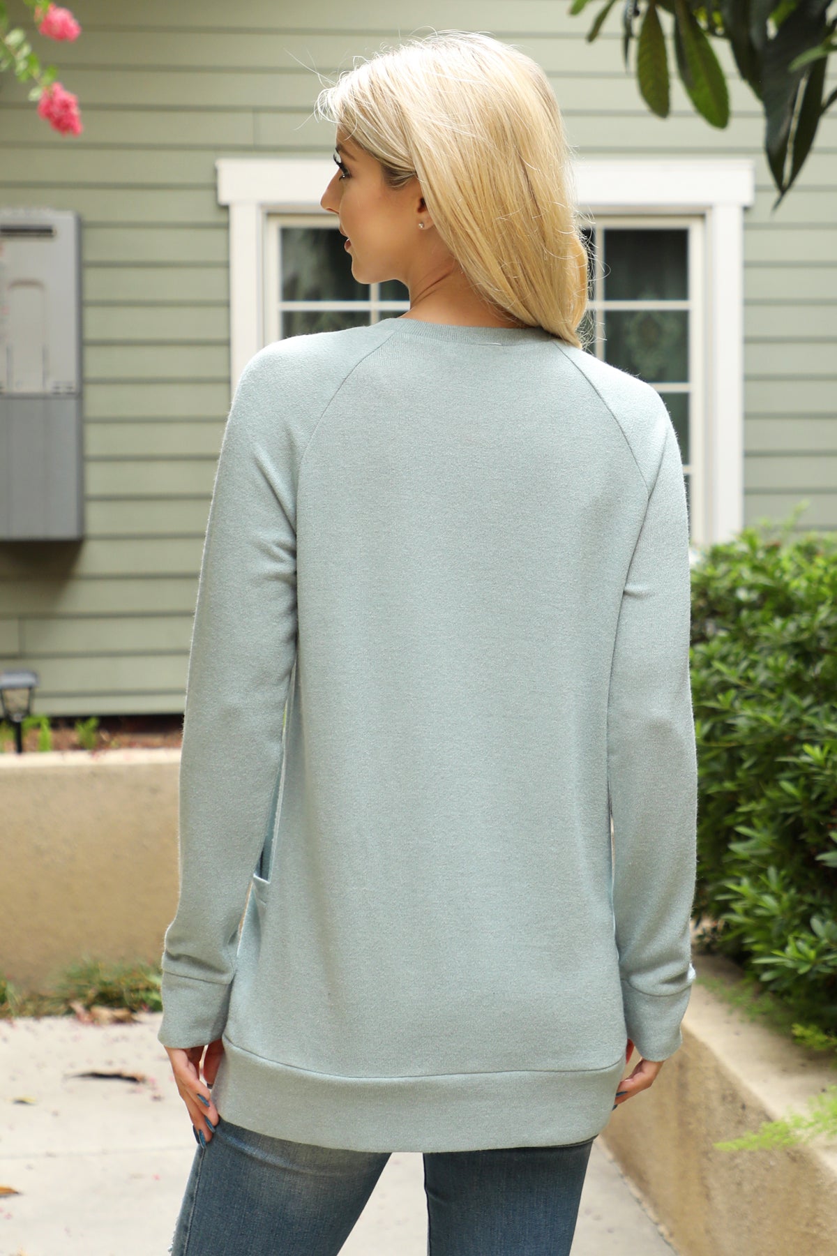 Knit Front Pocket Long Sleeve Top