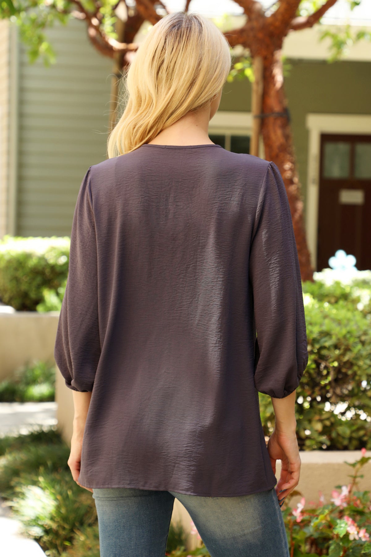 Plus Size V-Neck Band Elastic Tunnel Sleeve Woven Top