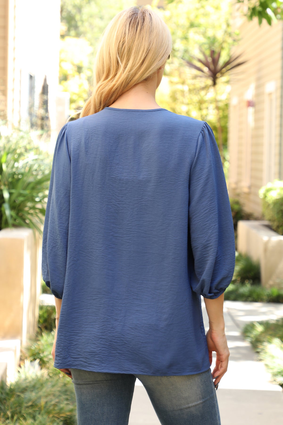 Plus Size V-Neck Band Elastic Tunnel Sleeve Woven Top
