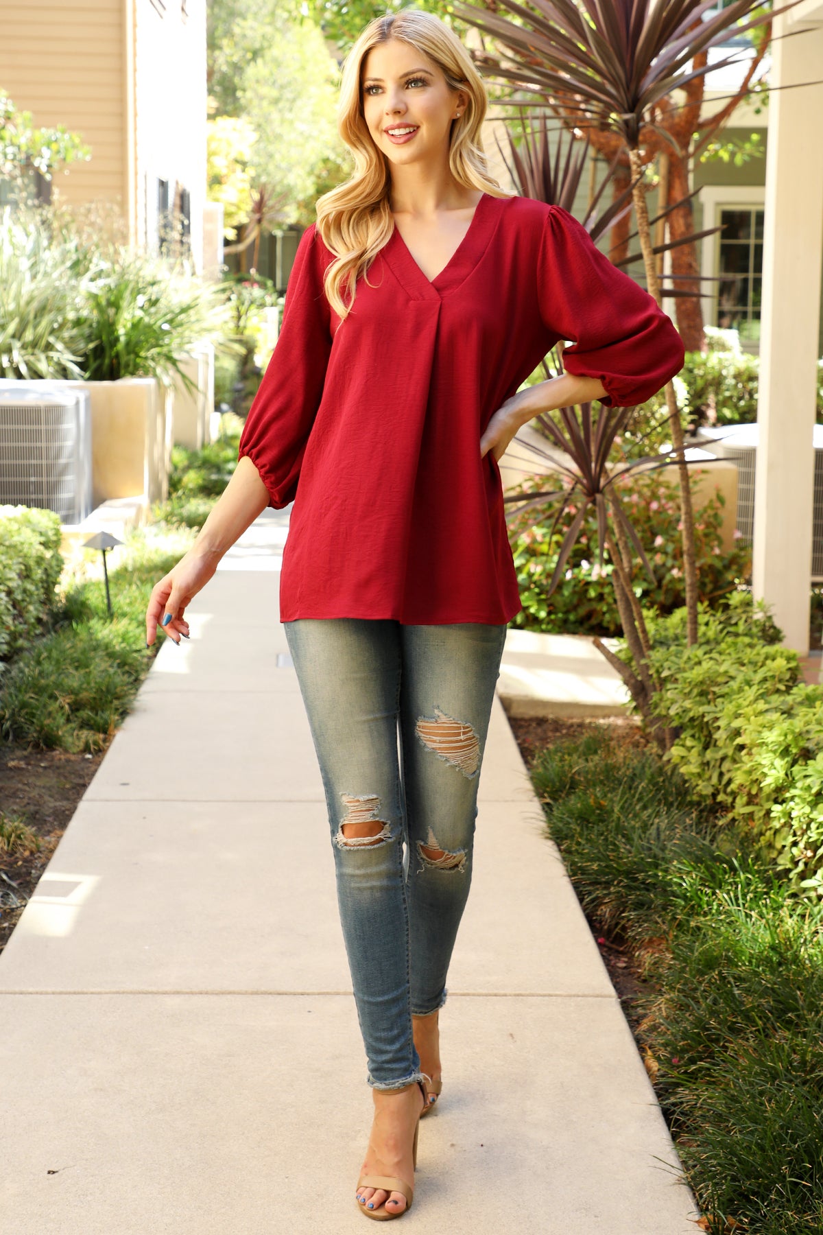 Plus Size V-Neck Band Elastic Tunnel Sleeve Woven Top