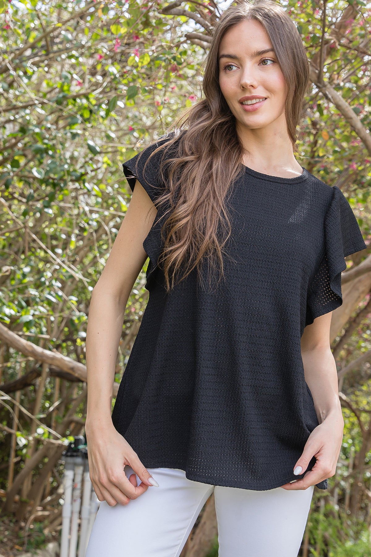 Butterfly Sleeve Textured Solid Top